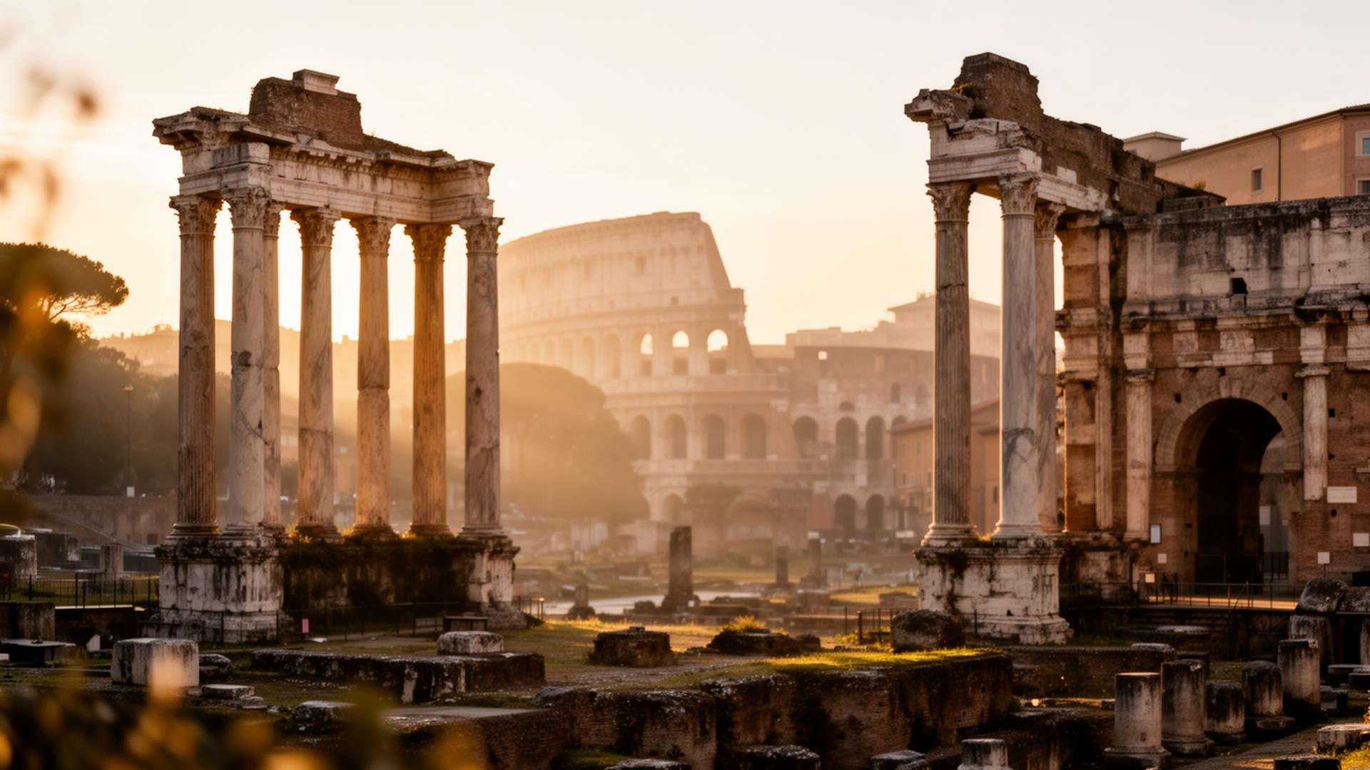 Roman Forum ruins at golden hour with the Colosseum in the distance